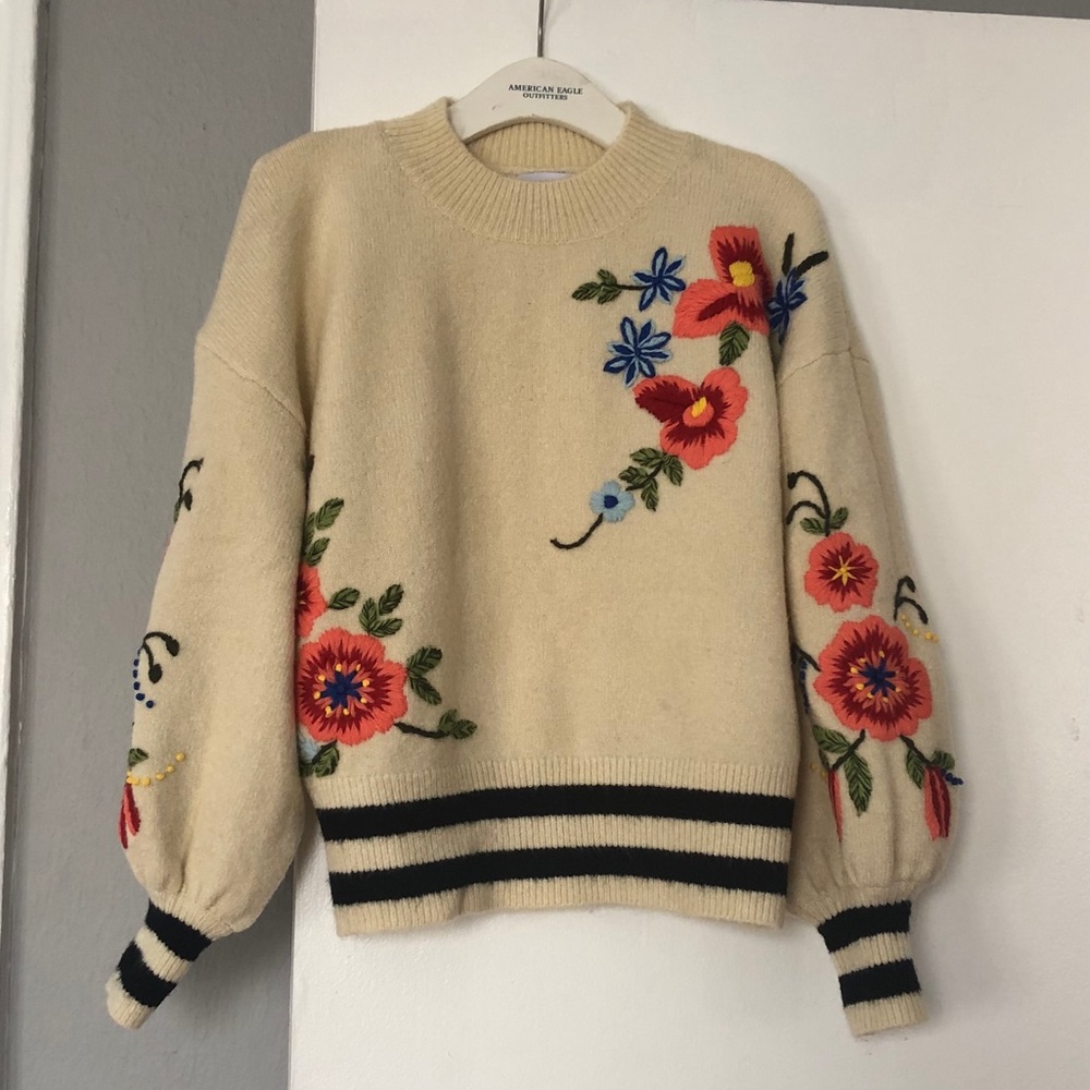 Anthropologie Harlyn Embroidered Floral Sweater XS